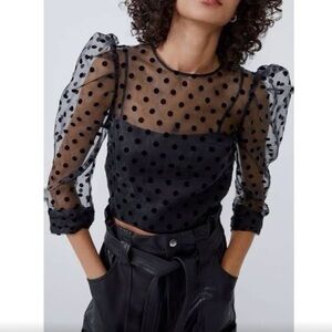 ZARA Black Polka Dot Mesh Top with Puff sleeves